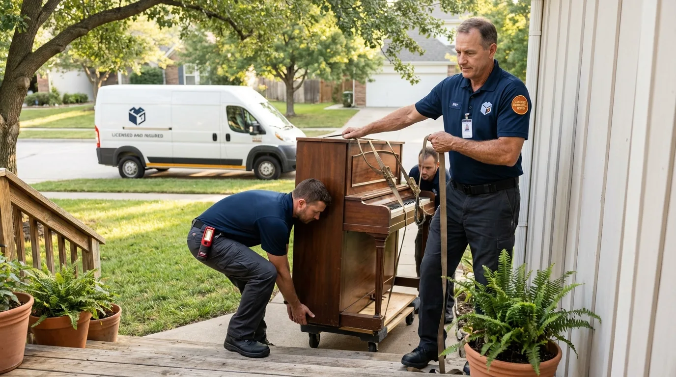 Licensed piano movers securing grand piano in Center, CO