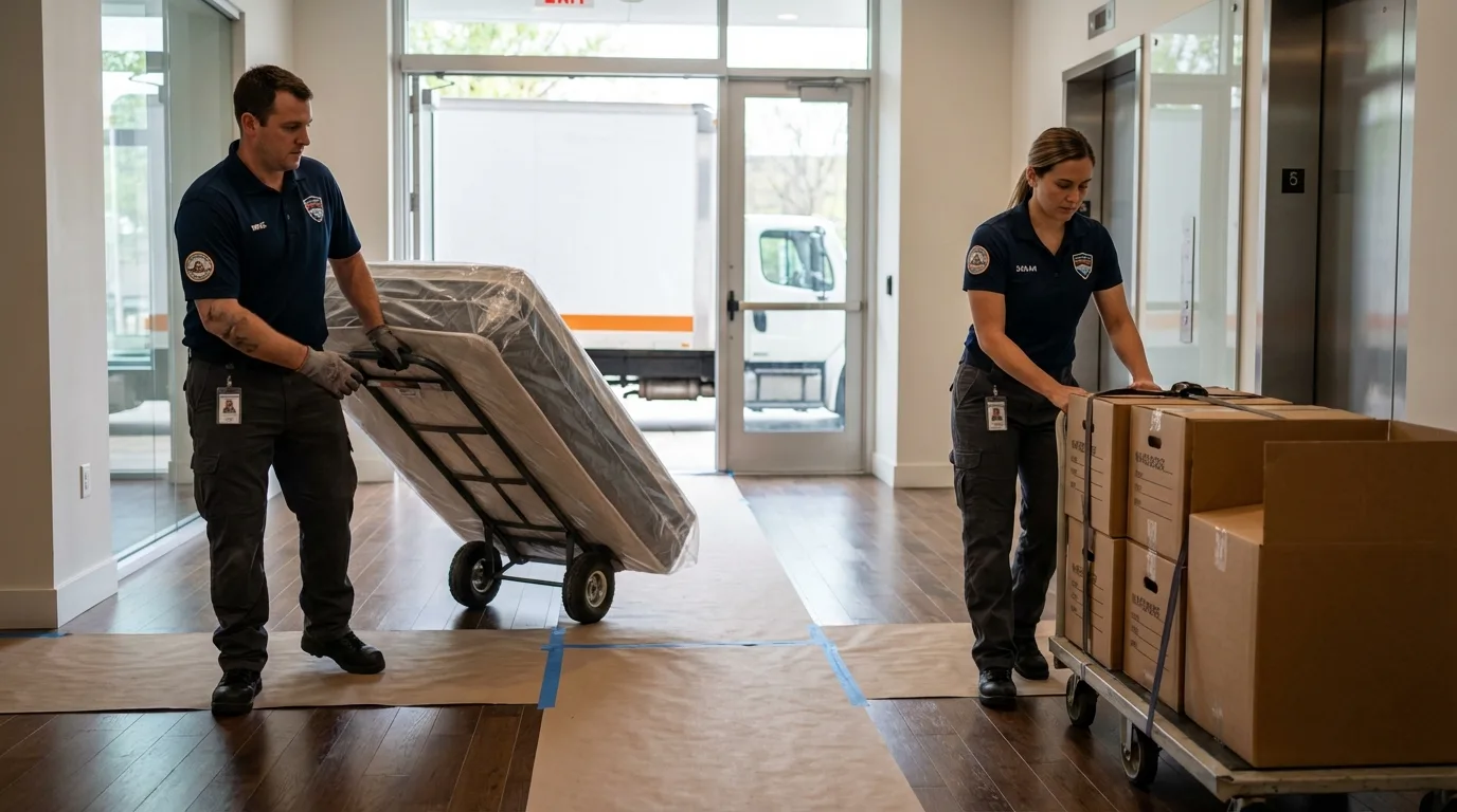 Professional apartment movers loading elevator in Center, CO